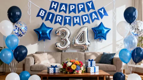 Vista 13 de Decoración de fiesta de cumpleaños número 30 para hombres, pancarta de feliz cumpleaños, color azul, plateado, número 30, globos de papel