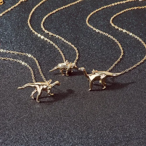 Vista 6 de Collar de cadena de dinosaurio de oro para mujer Triceratops T-Rex Brachiosaurus Collar con colgante de animales, regalo de Navidad, collares