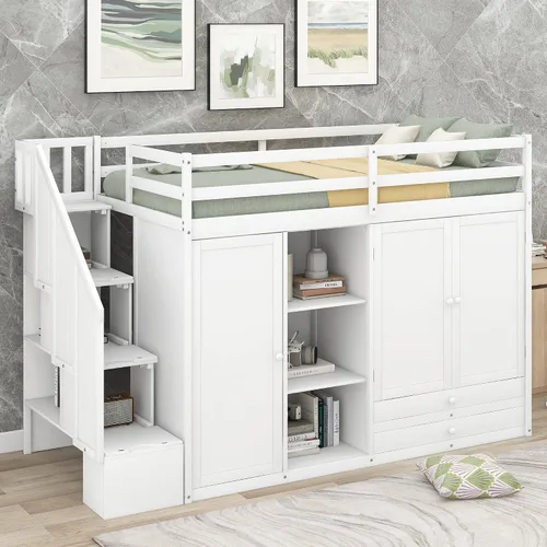 Vista 21 de Cama loft de madera tamaño matrimonial con escritorio en forma de U y espejo de tres pliegues, base de cama tipo loft multifunción con Espresso-10.16