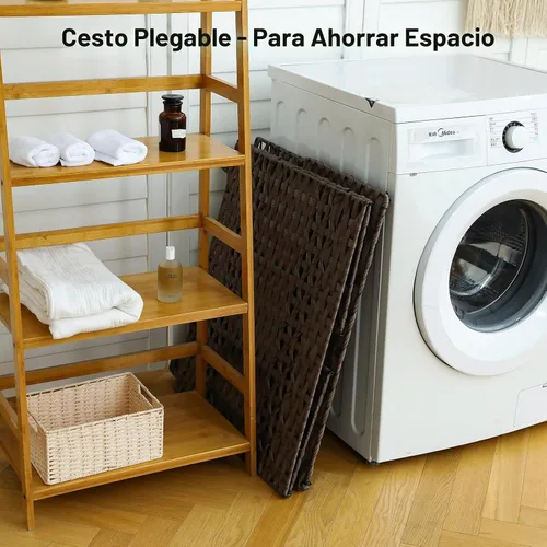 Vista 7 de OIAHOMY Cesta de lavandería con tapa, cesta de ropa de 140 litros con 3 bolsas extraíbles con forro, cesta plegable con tapa, cesta de mimbre Marrón