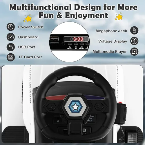 Vista 4 de GLACER Coche de policía para niños, auto de juguete eléctrico a batería de 6 V con megáfono real, música, luces intermitentes de sirena y faros