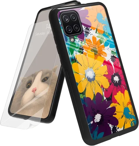 Vista 50 de Funda para Samsung Galaxy A12 5G con protector de pantalla, parte trasera de vidrio templado + TPU de silicona suave que absorbe los golpes