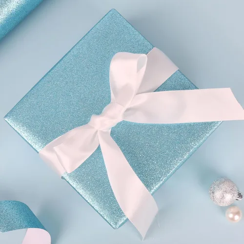Vista 3 de Homeral Rollo de papel de regalo con purpurina, 46.8 pies cuadrados, azul cielo brillante para Navidad, cumpleaños, bodas, baby shower, despedida