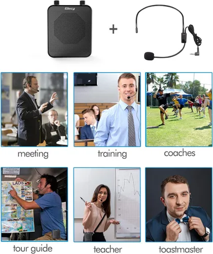Vista 7 de Amplificador de voz portátil de 30 W con auriculares con micrófono cableado, sistema PA recargable de 2800 mAh, altavoz con micrófono personal