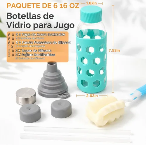 Vista 2 de [Usado] Sursip 16 oz Glass Juice Bottles with Lids, 6 Pack Dark Gray / Pink / Apricot / Purple / Mint Green / Blue