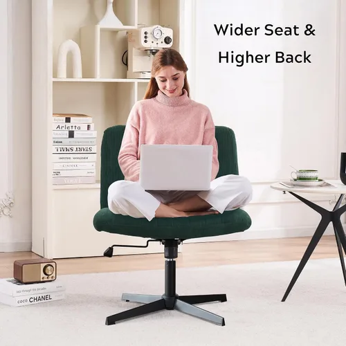 Vista 6 de EYYTHUNG Silla cruzada verde sin ruedas, asiento ancho sin brazos, silla de oficina giratoria de terciopelo acolchado para niñas