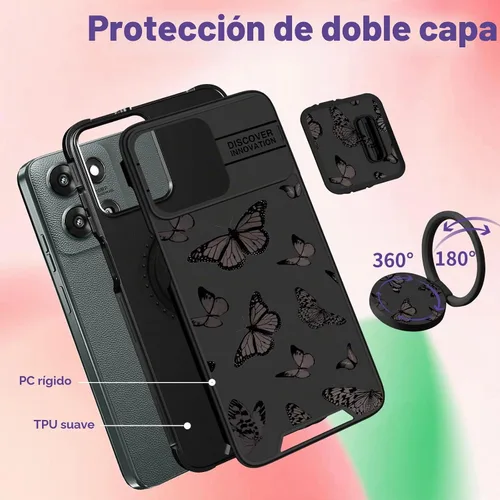 Vista 5 de Funermei - Funda para Moto G 5G 2025/2026/G Play 2026, soporte de anillo Negro (Butterfly)