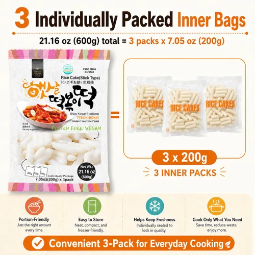 Vista 3 de Unha's Asian Snack Box - Pastel de arroz coreano - 1 paquete (3 paquetes individuales) vegano sin OMG sin gluten Tteok Pasta21.16 oz