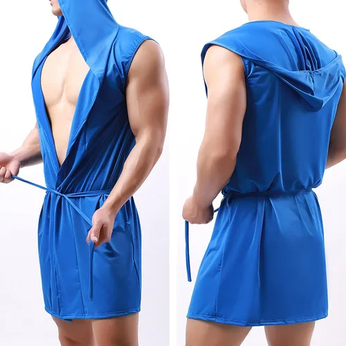 Vista 2 de Bata de satén para hombre, sexy, de seda, con capucha, cómoda pijama, ligera, kimono, ropa de dormir, spa, ropa de descanso, camisón