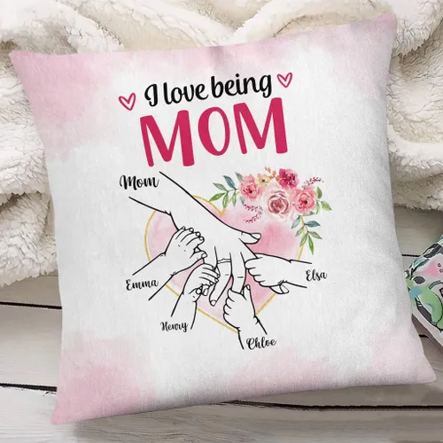 Vista 3 de Hands Holding Hand Floral Heart I Love Being Mom, Personalized Pillow, Gifts for Mom Mother from Kids Children Mothers Day Option 1