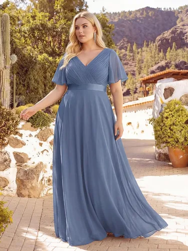 Vista 4 de Ever-Pretty Vestidos formales de noche de gasa para mujer con cuello en V de talla grande para mujeres con curvas, vestido de dama de honor de largo