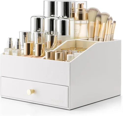 Vista 19 de Organizador de maquillaje Vlando, organizador para el cuidado de la piel para tocador, organizador de maquillaje de PU con cajones, estuche