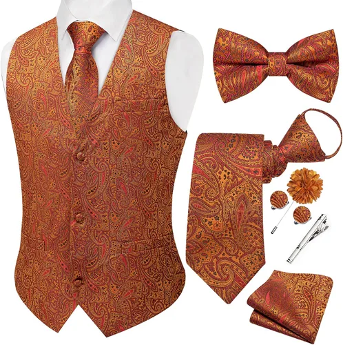 Vista 26 de DiBanGu Conjunto de chaleco de traje de cachemira y corbata preatada para Dorado y Negro