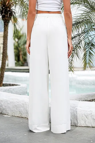 Vista 5 de Kocowoo Women Casual Wide Leg Pants Button Down Straight Long Trousers Pants Elastic High Waist Dress Pants for Women