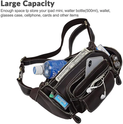 Vista 4 de TIDING Men's Leather Waist Bag Large Capacity Vintage Fanny Pack Organizer