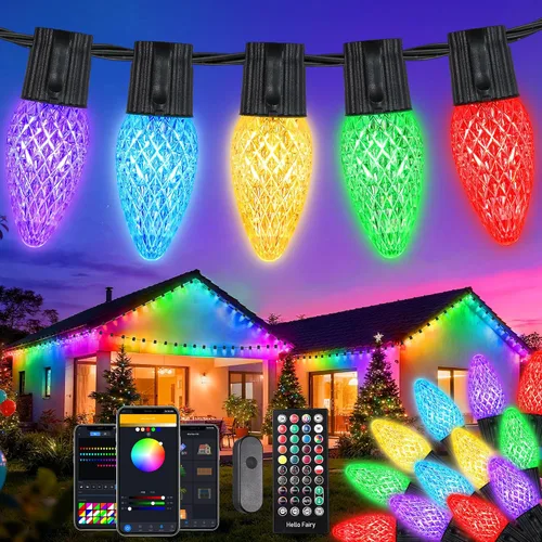 Vista 9 de iBaycon Luces de Navidad RGB C9, 65 pies, 100 luces LED que cambian de color, control remoto conectable, impermeable, al aire libre, cadena de luces