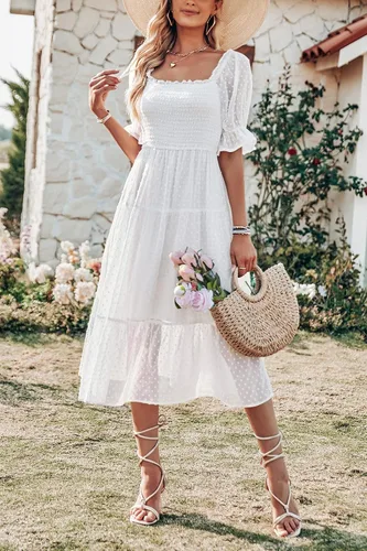 Vista 4 de MEROKEETY - Vestido de verano con lunares suizos para mujer vestido midi con cuello cuadrado, mangas abombadas, volados, lazo en la espalda