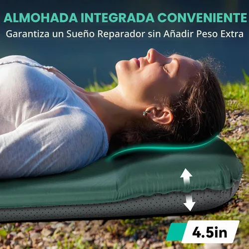 Vista 4 de Hikenture Colchoneta de dormir autoinflable para campamento, almohadilla de campamento ultra gruesa de 3 pulgadas con almohada, colchón de Verde