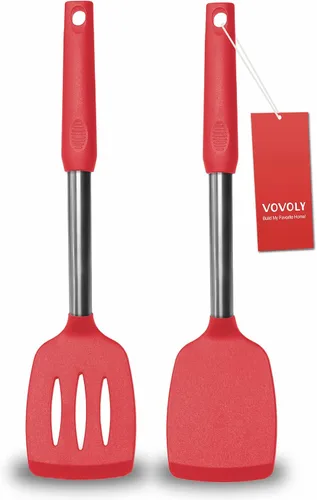 Vista 10 de Paquete de 2 espátulas, juego de espátulas de silicona sólida y ranurada, mango de acero inoxidable recubierto con silicona, espátulas Caqui