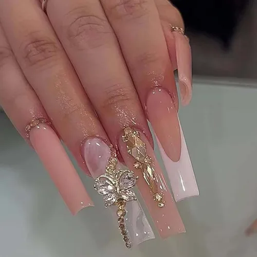 Vista 5 de Uñas postizas francesas a presión, uñas postizas largas de acrílico con forma de ataúd de cobertura completa, uñas postizas de bailarina