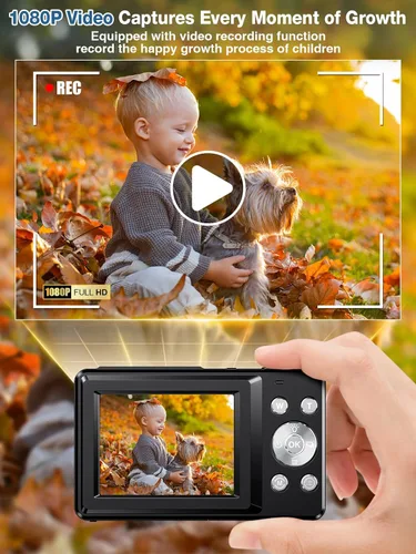 Vista 3 de Cámara digital, FHD 1080P para niños, cámara digital de 44 MP para apuntar y disparar con tarjeta de 32 GB, zoom de 16X, antivibración, sello