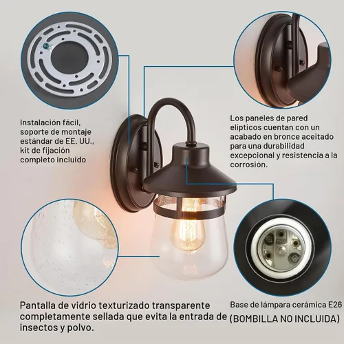 Vista 6 de Tarentlight Aplique de pared para exteriores con pantalla de vidrio transparente semillado, accesorio exterior impermeable en acabado de bronce