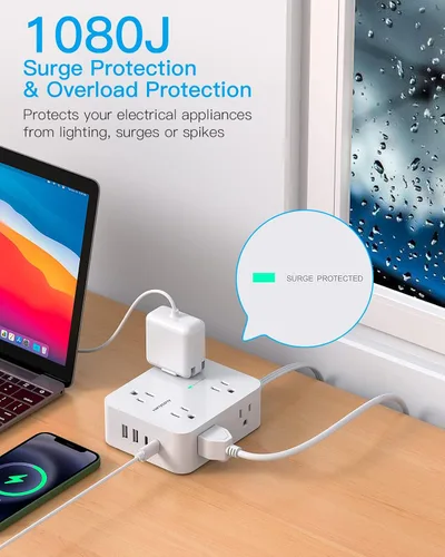 Vista 3 de Extensión de cable de 15 pies, tira de alimentación con 4 puertos USB (2 USB C), HANYCONY 8 protectores de sobretensión con salidas y enchufe plano