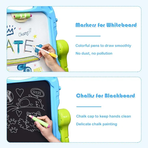 Vista 3 de Costzon Caballete de arte para niños, altura ajustable con rotación de 360°, tablero de dibujo de doble cara con pizarra y pizarra blanca, juego