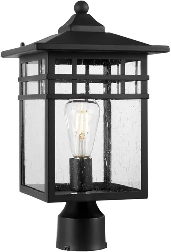 Vista 10 de Lámpara de poste exterior, farol moderno de pilar exterior con acabado negro y vidrio semillado, luz de poste para jardín, patio trasero, patio