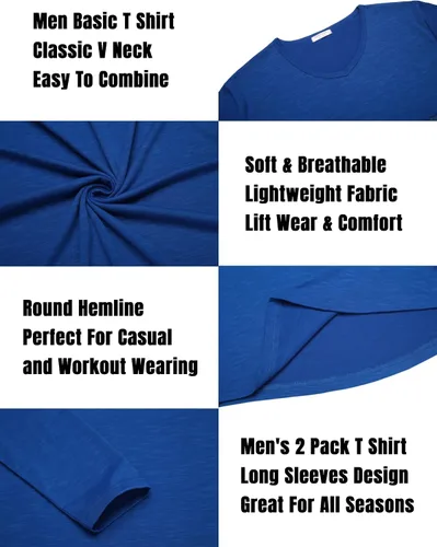 Vista 5 de COOFANDY Paquete de 2 camisetas de manga larga con cuello en V para hombre, ajuste atlético