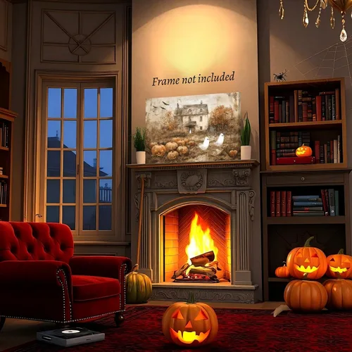 Vista 6 de Arte de pared vintage de Halloween embrujado de granja, parche de calabaza rústica con bonitos fantasmas, póster impreso en lienzo espeluznante