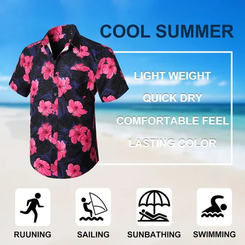 Vista 5 de Camisas hawaianas de manga corta para hombre, camisas tropicales casuales de verano, con botones, floral, para vacaciones, playa, Aloha Hawaii
