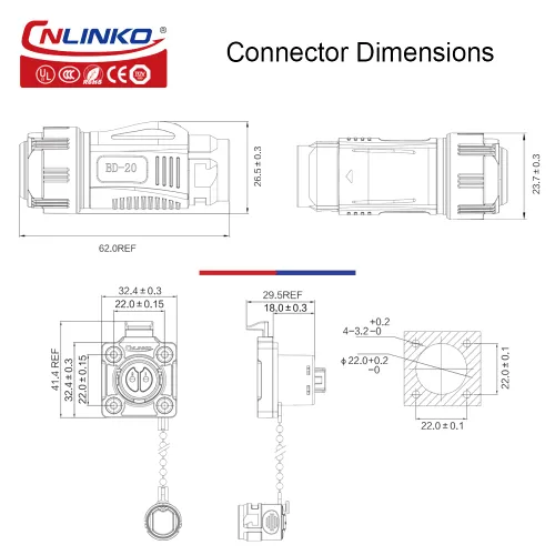 Vista 4 de CNLINKO BD-20 Industrial Impermeable IP68 Conector Circular Lado del dispositivo, Enchufe rápido, Enchufe de aviación de metal, carcasa