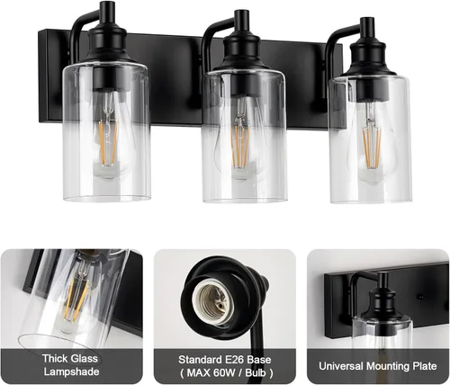 Vista 4 de Lámparas de baño de 3 luces, modernas luces de tocador negras para accesorios de iluminación de baño, accesorios de iluminación sobre espejo