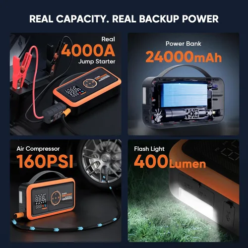Vista 10 de Arrancador de salto de 24000mAh 4000A con compresor de aire, carga rápida Caja de salto y banco de energía de 88.8 Wh, inflador de parada automática