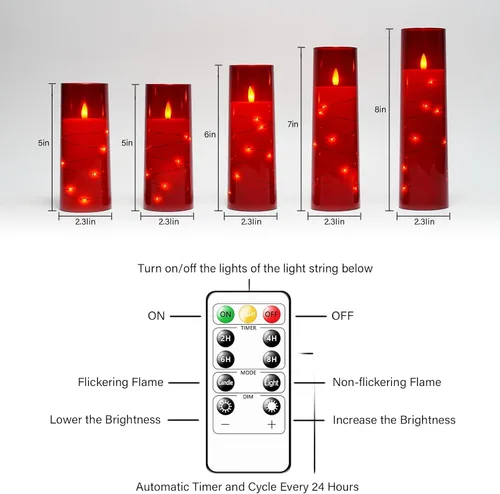 Vista 5 de Velas sin llama, funcionan con pilas, 5 velas LED acrílicas parpadeantes con control remoto, con cadena de estrellas incrustada, vela de pilar sin
