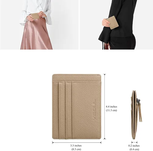 Vista 4 de VISOUL Tarjetero delgado para mujer con bloqueo RFID, cartera pequeña de cuero para mujer con bolsillo con cremallera para monedas (marrón claro)