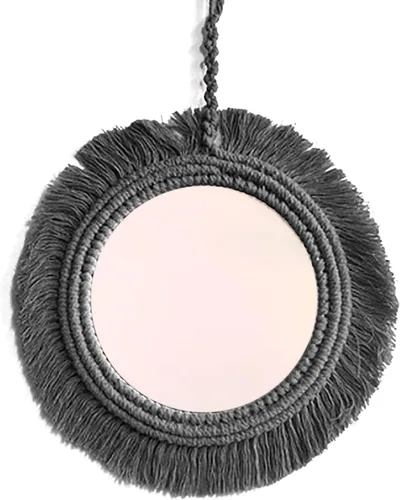 Vista 8 de Espejo de pared de macramé con flecos redondos para dormitorio, apartamento, entradas, decoración del hogar, espejo de pared