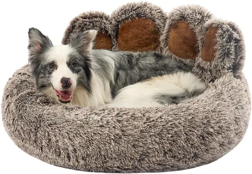 Vista 11 de Jiupety Cama calmante para mascotas en forma de pata, cama de felpa en forma de dona de piel sintética para perros y gatos, lavable a máquina, parte