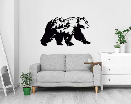 Vista 6 de Decoración de pared de metal con oso, arte de pared grande para exteriores, decoración de montaña y naturaleza, decoración de pared de bosque