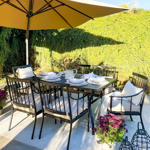 Vista 12 de MFSTUDIO Juego de comedor de 5 piezas de metal para patio, juego de muebles para exteriores con 1 mesa cuadrada de madera y 6 sillas de respaldo
