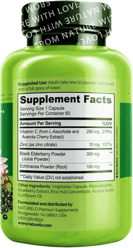 Vista 7 de NATURELO Apoyo Inmunológico – Vitamina C, Saúco, Zinc, Equinácea – Refuerzo Natural de la Inmunidad con Antioxidante, Defensa Herbal y Mineral - 60