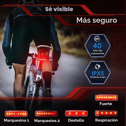 Vista 3 de Luz trasera de bicicleta, recargable por USB, luz trasera de 40 horas de larga duración, luz trasera LED brillante, 5 modos, IPX5 impermeable, luces