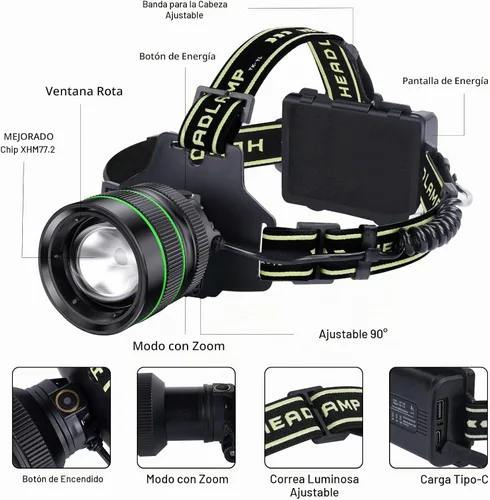 Vista 6 de Linterna frontal recargable LED súper brillante de 2000 lúmenes, lámpara de cabeza con zoom con 5 modos de iluminación, ajustable a 90° e