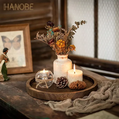 Vista 2 de Hanobe Bandeja para portavelas: bandeja decorativa de madera redonda rústica, centro de mesa, pequeño portavelas para mesa de café, sala de estar