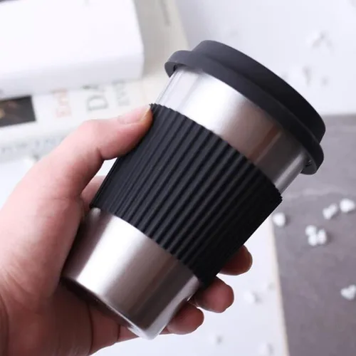 Vista 2 de Hoshen Vaso de 17 onzas (con tapa de silicona), taza de café de acero inoxidable, posavasos antiquemaduras, taza para bebidas, color negro