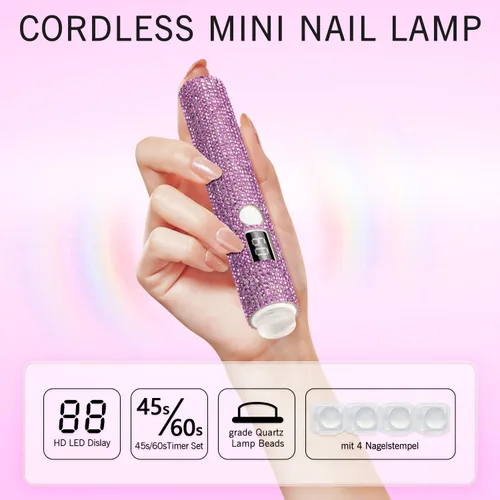 Vista 2 de Luz UV de mano para uñas de gel, mini luz UV con purpurina para uñas, lámpara de uñas portátil inalámbrica para uñas de gel X de curado rápido
