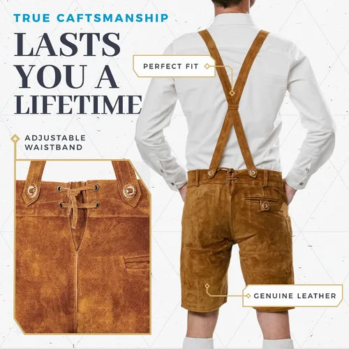 Vista 3 de BAVARIA TRACHTEN Lederhosen - Ropa alemana auténtica de cuero genuino para hombre traje del Oktoberfest color marrón claro corto
