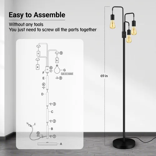 Vista 6 de BoostArea Lámpara de pie industrial para sala de estar, lámpara de pie moderna con 3 luces, bombillas no incluidas, lámpara de pie de diseño simple
