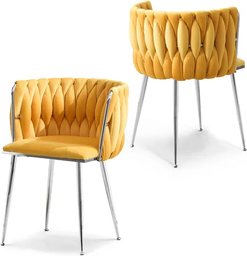 Vista 29 de Juego de 2 sillas de comedor de terciopelo, sillas laterales tapizadas tejidas con patas de metal negro, sillas decorativas modernas, sillas
